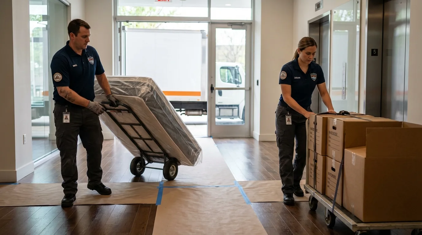 Professional apartment movers loading elevator in Guthrie, KY