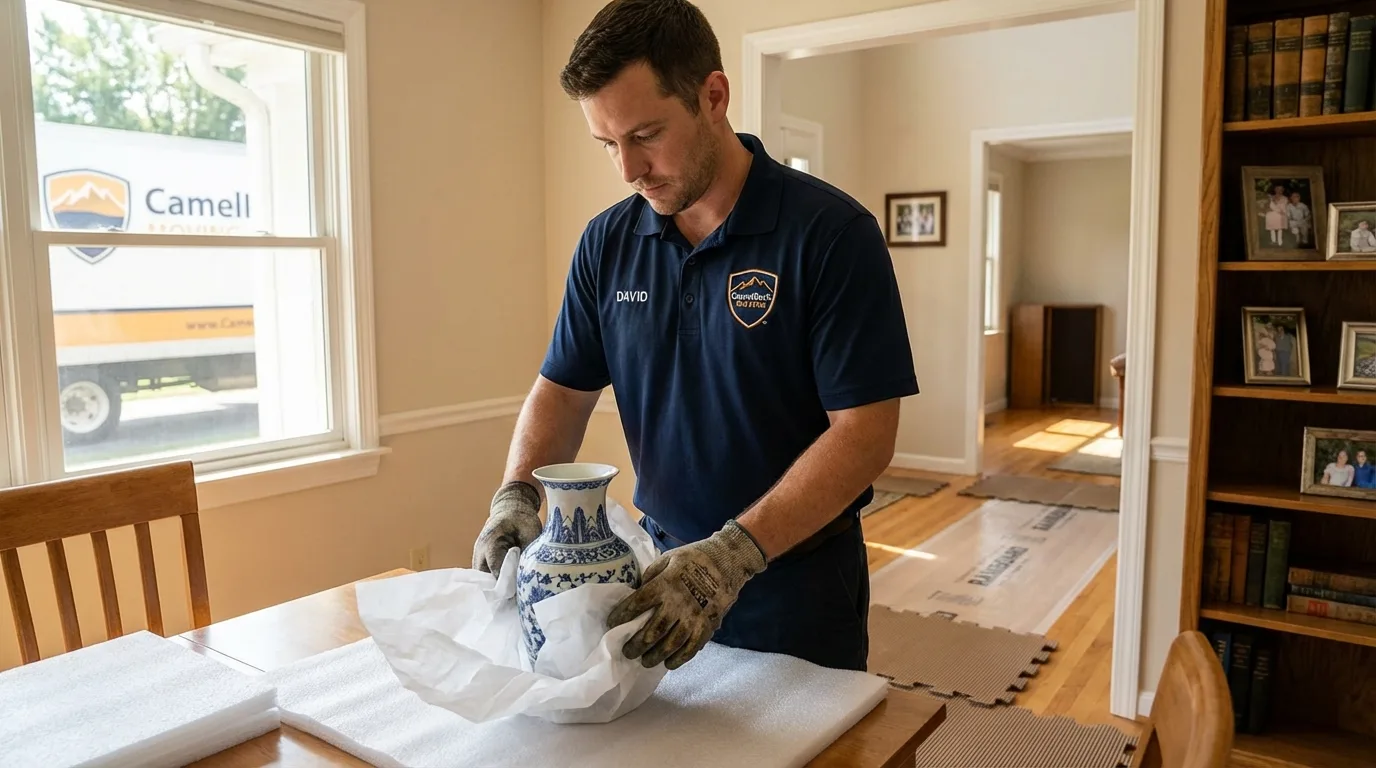 Professional crew carefully wrapping antique vase for senior downsizing move in Guthrie, KY